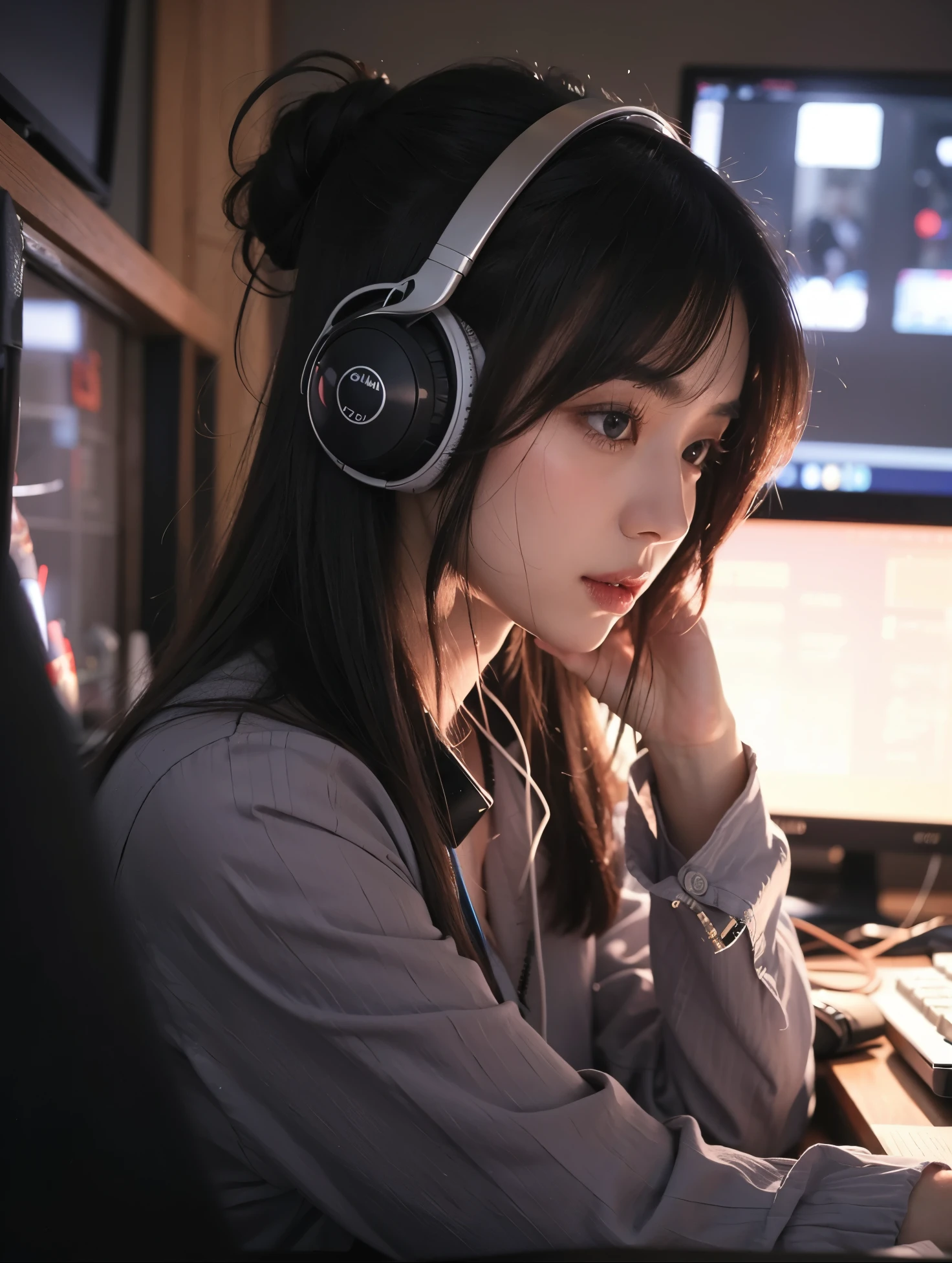 Beautiful Japanese waifu, brunette hair, large headphones, in a room full of monitors