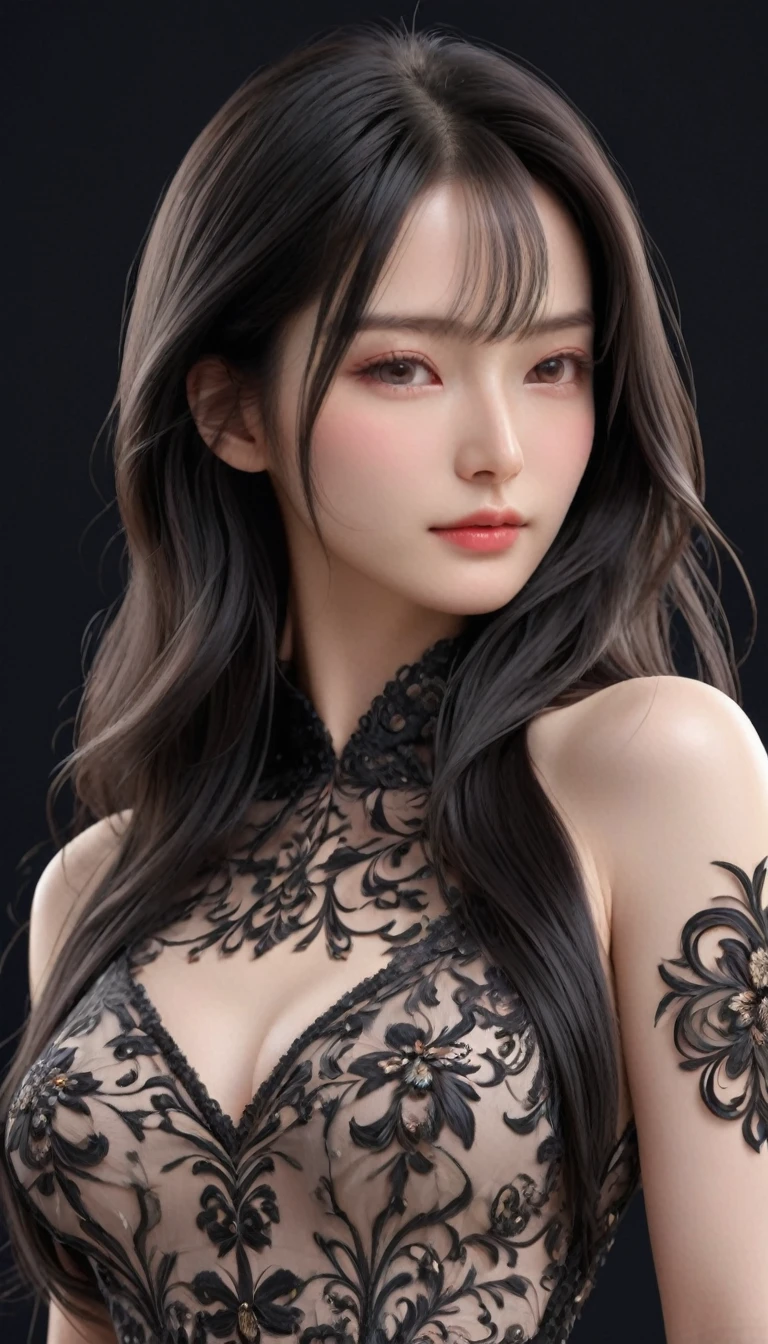 ((最大16K解像度のmasterpiece:1.6)),beautiful,Highest quality,Absolutely wonderful,Very detailed,Ultra-high resolution,masterpiece,Realistic,Realistic,Increased depth of field,Cinematic Light, 
One elegant mature woman, Long black hair,beautiful顔,Very detailedな顔の表現,Face with a gentle expression,Transparent white skin,Very delicate skin texture,Great proportions,Anatomically correct body, 
Elegant high slit dress,Gorgeous colors,Gorgeous and detailed pattern,Beautifully detailed pattern,Detailed cloth texture,
Black Background,
Focus on the upper body,(Face close-up:1.5),