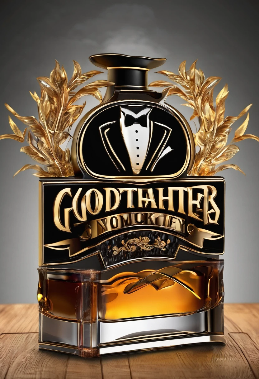 3d logo design about whiskey name Godfather, logo brand to be 3d and bottle mockups on board to be very clean