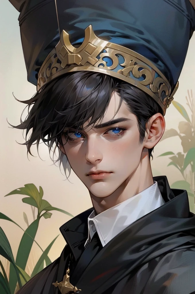 handsome young man, short black hair with black strands, blue eyes, black officer's uniform, in a small field, detailed face, detailed eyes, detailed lips. medieval times, Serious eyes