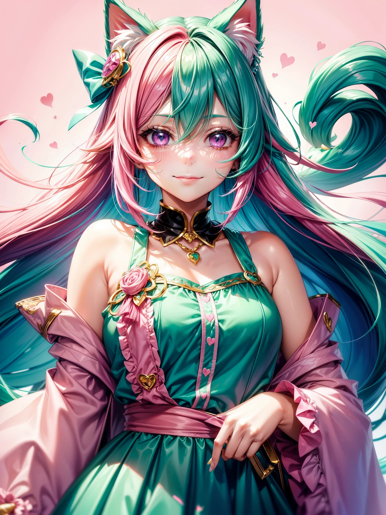 ((Pinkgreen hair color)), pink eyes, woman, teal blue gold clothes,happy face, sexy outfit, cat ears, hearts, floating hearts, face only, long hair, smiling, hair ornament, up close face, sexy clothes, sexy women , closed mouth smile, up close face, hair bows