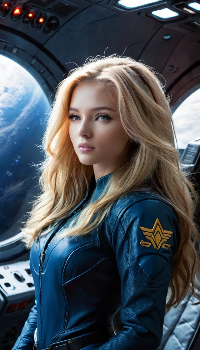 Blonde with long hair, on a spaceship