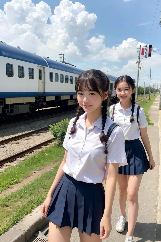 2 girls walking in rural station,long train on far side,cumulonimbus cloud in summer sky,short-sleeved white sailor shirt,navy blue pleated skirt,18-year-old,bangs,a little smile,thighs,knees,short hair with low pigtails bunches,from beside,front light