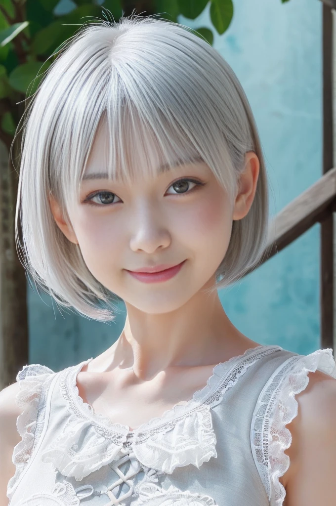 1girl, 12 years old, Japanese, incredibly ultra cute, neat and clean, happy smile, detailed charming eyes, detailed face, (laced onepiece, ultra slender, incredibly white and beautiful skin, short silver hair:1.75), (best quality,4k,8k,highres,masterpiece:1.5),ultra-detailed,(realistic,photorealistic,photo-realistic:1.37),highly detailed,intricate details,vibrant colors,soft lighting,beautiful scenery,delicate features,cute expression,elegant pose