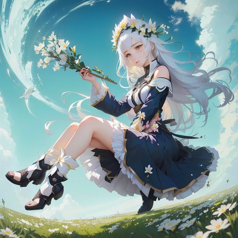 anime girl sitting on a flowery hill with a flower in her hand, guweiz on pixiv artstation, cushart krenz key art feminine, guweiz on artstation pixiv, the non-binary deity of spring, trending on artstation pixiv, white haired deity, official art,  in dress, astri lohne