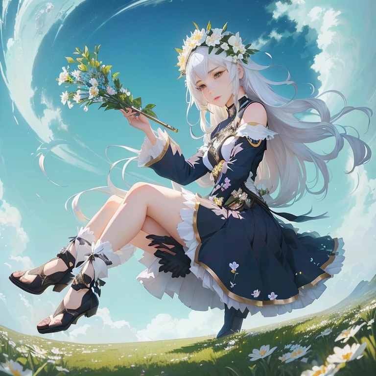 anime girl sitting on a flowery hill with a flower in her hand, guweiz on pixiv artstation, cushart krenz key art feminine, guweiz on artstation pixiv, the non-binary deity of spring, trending on artstation pixiv, white haired deity, official art, in dress, astri lohne