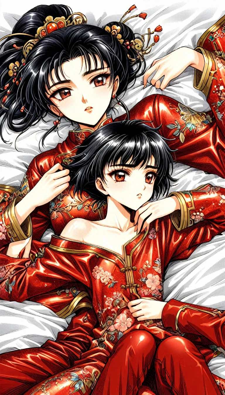 Beautiful 15 year old Chinese Kung Fu girl princess with short black hair Gorgeous embroidery, Ultra glossy, She is wearing shiny red long sleeve floral pajamas.... She is laid down on a red patent leather futon and the quilt is placed over her upper body. She gets her pussy operated on by the doctor