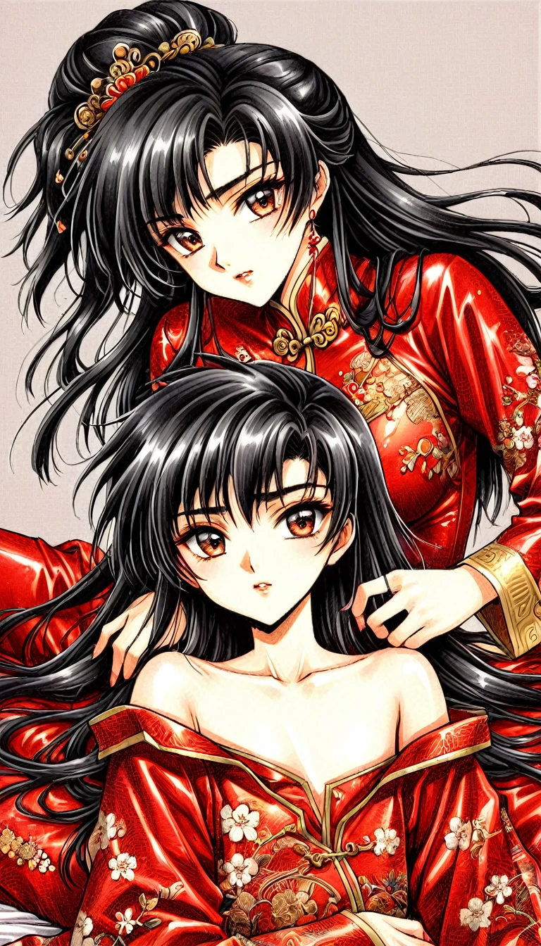 8k Tragic historical drama in live-action style: Beautiful palace secrets　Beautiful 10 year old Chinese Kung Fu princess with long black hair is stripped and her nipples are exposed　Gorgeous embroidery, Ultra glossy, She is wearing a shiny red top and bottom long sleeve floral pajama kung fu suit....　　She gets undressed by her mother