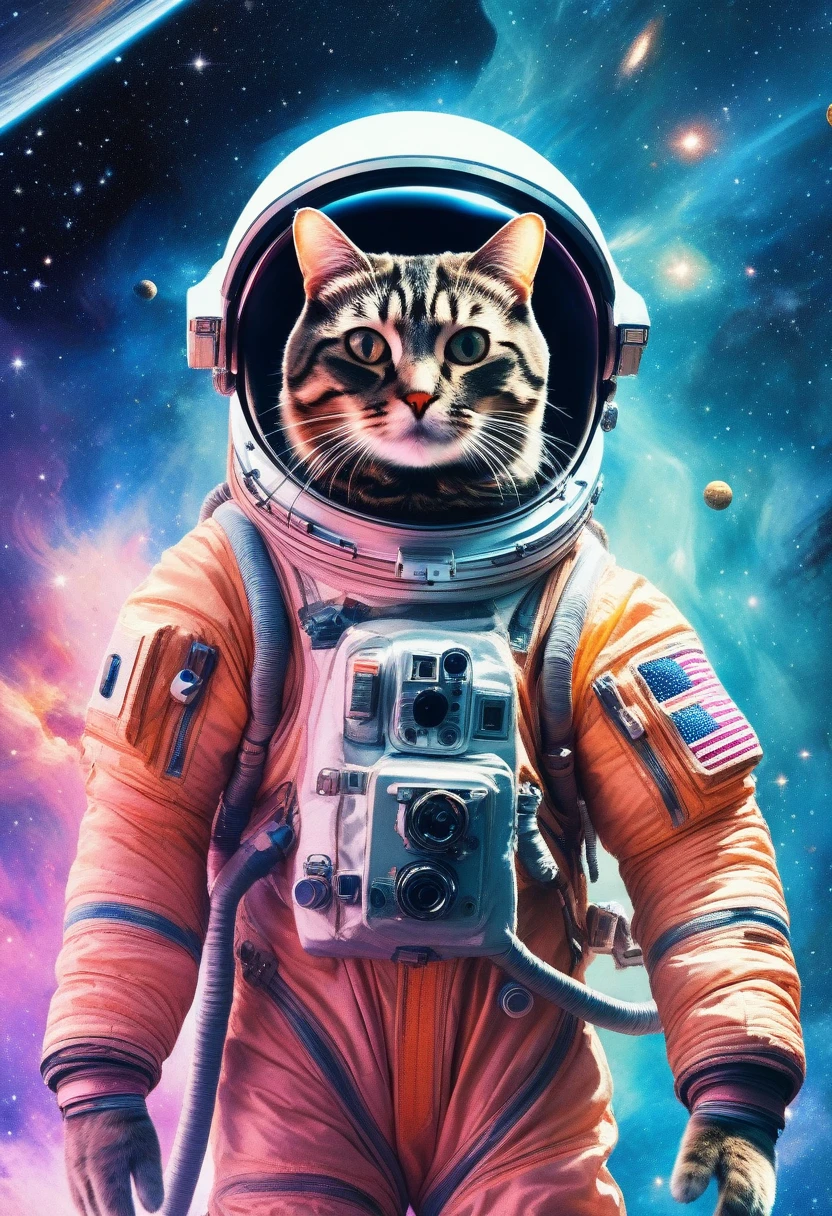 ((Masterpiece)), ((Best Quality)), (Very Detailed), ((Very Detailed)), 4K, (8K), very aesthetic, absurdres highres, Cat clad in a miniature space suit floating amidst the cosmic backdrop of a nebula, whiskers gently splayed by zero gravity, eyes wide with cosmic wonder, starfield reflecting in the helmet visor, pastel-colored galaxies swirling in the background, watercolor style, ultra realistic, high-quality digital painting.