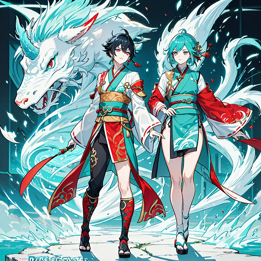 a hybrid age chinese dragon boy, medium and slender body, turquoise scales, thin arms, short and messy dark turquoise hair, a horn on the forehead, small and pointed ears with traditional red earrings, iridescent pale eyes, wearing white and turquoise traditional japanese style clothing with red patterns, long chinese dragon tail with turquoise patterns, profile, 1 boy character, pale skin, dark turquoise hair, Kaeya Genshin Impact, Final Fantasy XIV, attack pose, (best quality,4k,8k,highres,masterpiece:1.2),ultra-detailed,(realistic,photorealistic,photo-realistic:1.37),intricate details,hyper realistic,dramatic lighting,cinematic,digital art,illustration,fantasy,concept art
1 boy alone, Full body from head to toe