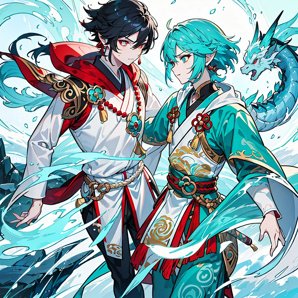 a hybrid teenage chinese dragon boy, medium and slender body, turquoise scales, thin arms, short and messy dark turquoise hair, a horn on the forehead, small and pointed ears with traditional red earrings, iridescent pale eyes, wearing white and turquoise traditional japanese style clothing with red patterns, long chinese dragon tail with turquoise patterns, profile, 1 boy character, pale skin, dark turquoise hair, Kaeya Genshin Impact, Final Fantasy XIV, attack pose, (best quality,4k,8k,highres,masterpiece:1.2),ultra-detailed,(realistic,photorealistic,photo-realistic:1.37),intricate details,hyper realistic,dramatic lighting,cinematic,digital art,illustration,fantasy,concept art

1 boy alone, Full body from head to toe 