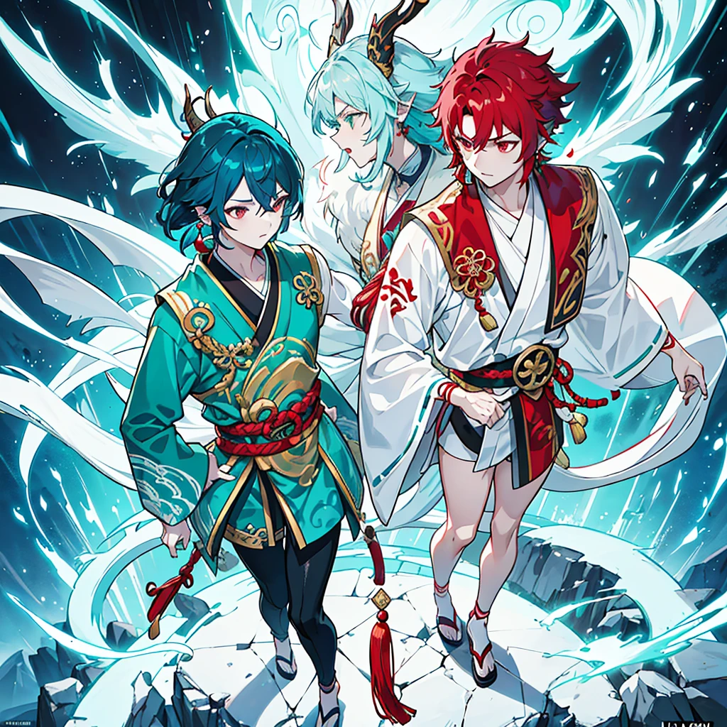 a hybrid teenage chinese dragon boy, medium and slender body, turquoise scales, thin arms, short and messy dark turquoise hair, a horn on the forehead, small and pointed ears with traditional red earrings, iridescent pale eyes, wearing white and turquoise traditional japanese style clothing with red patterns, long chinese dragon tail with turquoise patterns, profile, 1 boy character, pale skin, dark turquoise hair, Kaeya Genshin Impact, Final Fantasy XIV, attack pose, (best quality,4k,8k,highres,masterpiece:1.2),ultra-detailed,(realistic,photorealistic,photo-realistic:1.37),intricate details,hyper realistic,dramatic lighting,cinematic,digital art,illustration,fantasy,concept art
1 boy alone, Full body from head to toe