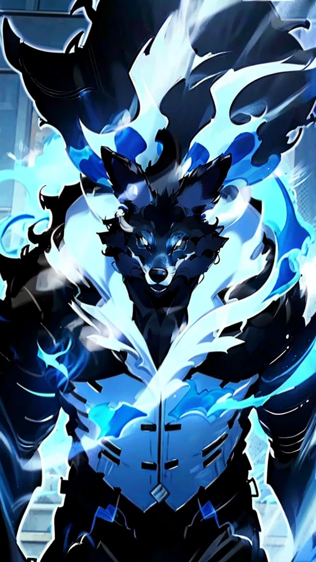 black wolf, with blue energy, white doctor's coat, white dress shirt, black tie, in the parking lot