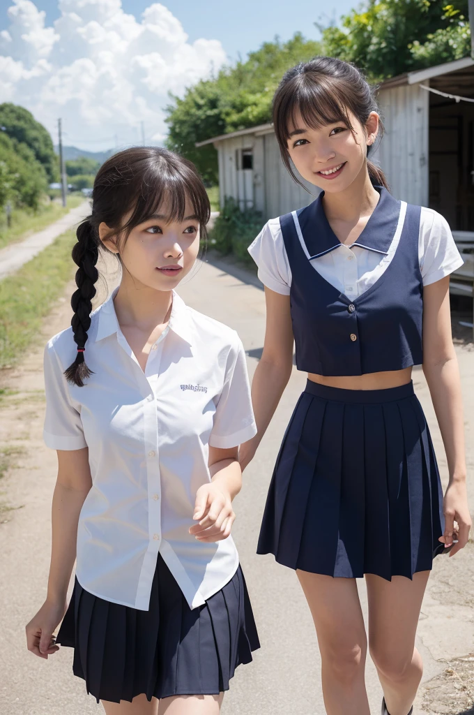 2 girls walking in rural station,long train on far side,cumulonimbus cloud in summer sky,short-sleeved white sailor shirt,navy blue pleated skirt,18-year-old,bangs,a little smile,thighs,knees,short hair with low pigtails bunches,from beside,front light