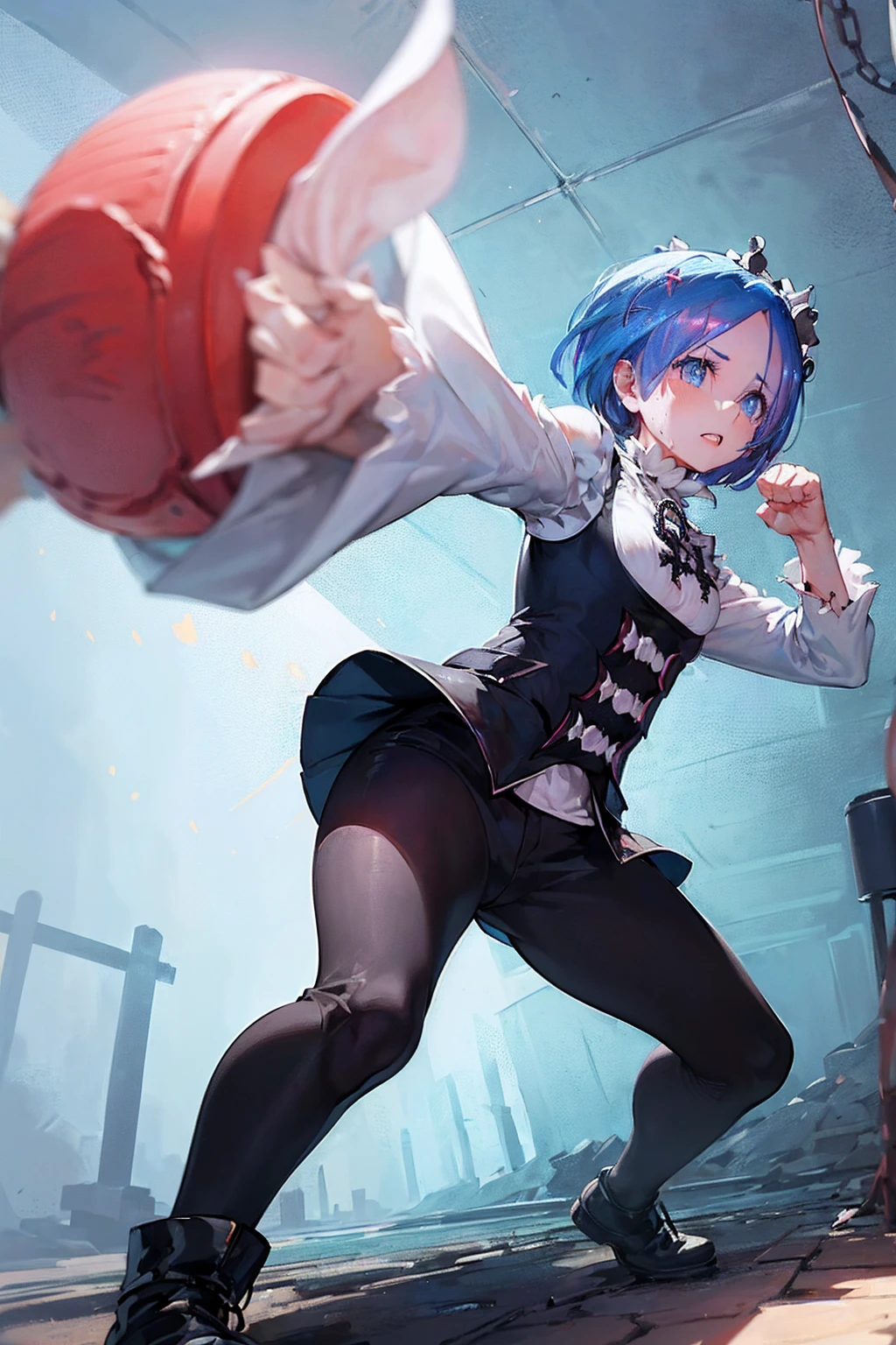 、Plump、Show your pants、(((((Fighting Pose)))))、Weapons Morningstar、((Underground Prison))、((The floor beneath my feet is crumbling))、((((Rem in chains)))),(((((Fisheye Lens)))))、((((Super huge breasts))))、(((Plump thighs)))、(((Rem from Re:Zero)))、looking at the camera、High qualityHigh quality、8k、(((((Full body description)))))、Chest、Fantastic、(((((Torn maid uniform)))))、looking at the cameraで、barefoot、((((((Tall Rem))))))、Sweat splashes、Clothes are ripped off,(Torn knee-high socks)、