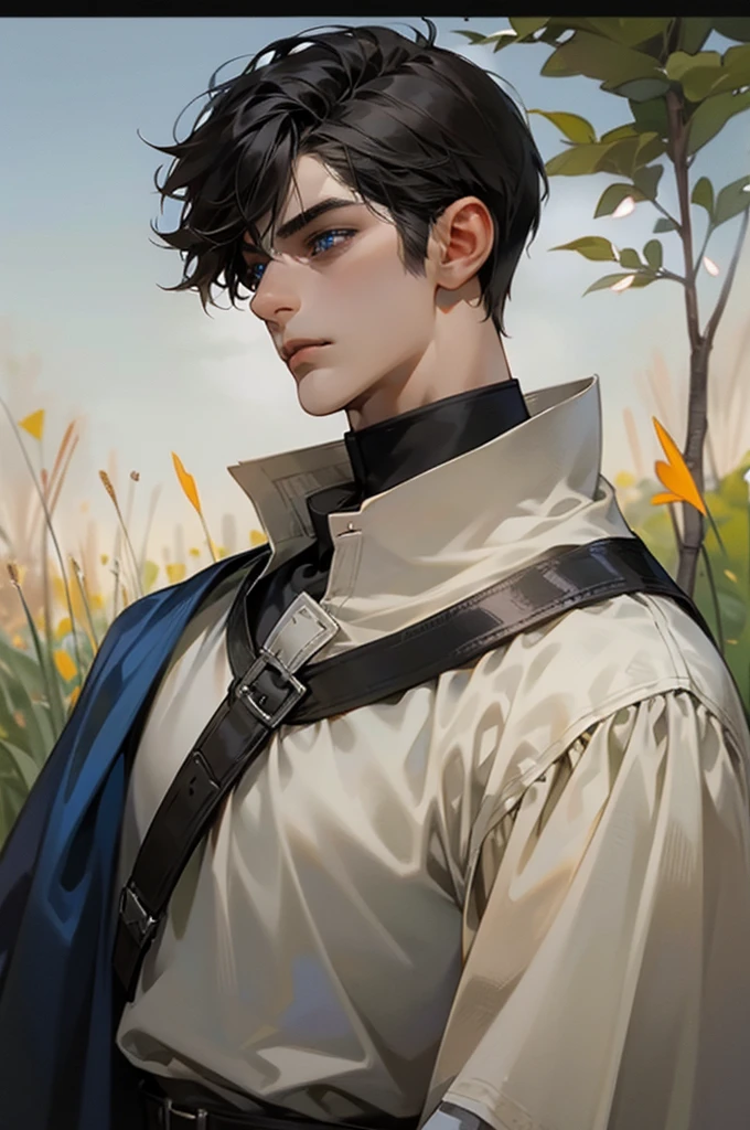 handsome young man, short black hair with black strands, blue eyes, black officer's uniform, in a small field, detailed face, detailed eyes, detailed lips. medieval times, Serious eyes