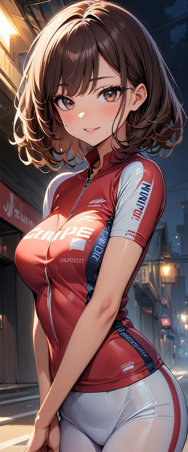 (highest quality, 4K, masterpiece :1.3), Beautiful woman, 1 girl, (chest, Attractive body :1.2), Cowboy Shot, JK:1.1, Dark brown hair: 1.1, cycling jersey, Highly detailed face, Lip details, Fine Eyes, double eyelid