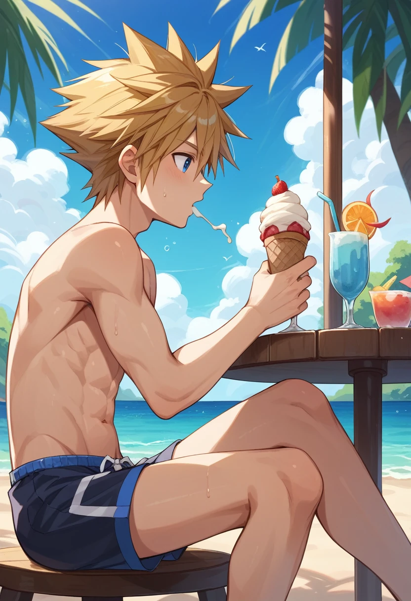 Kingdom hearts、((sky))、One young boy、cute、Spiky hair、Active、Tropical、beach、（Sitting and eating blue ice cream）high resolution