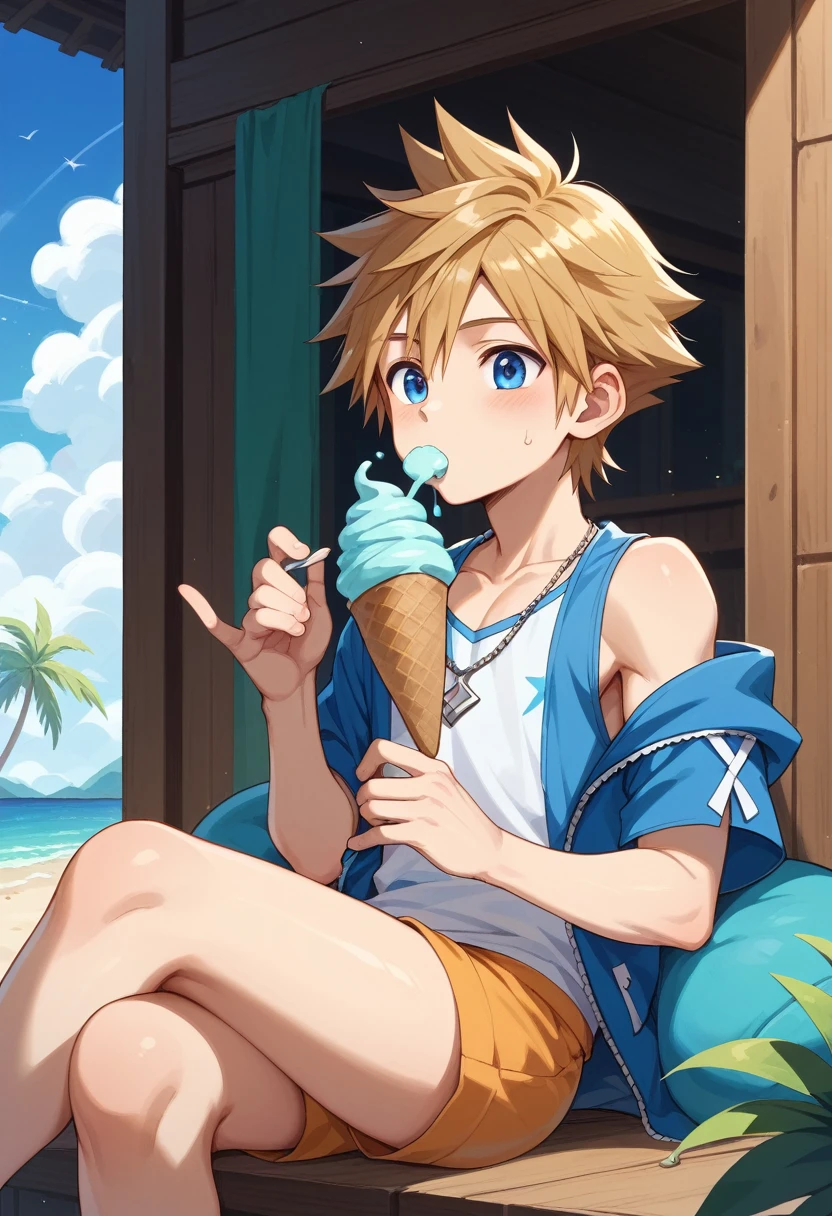 Kingdom hearts、((sky))、One young boy、cute、Spiky hair、Active、Tropical、beach、（Sitting and eating blue ice cream）high resolution