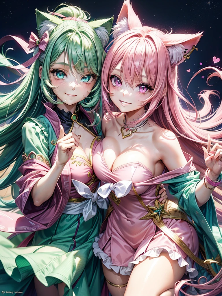 (( Pink green hair color)), pink eyes, woman, teal blue gold clothes,happy face, sexy outfit, cat ears, hearts, floating hearts, face only,  long hair, smiling, hair ornament, up close face,  sexy clothes, sexy women , closed mouth smile, up close face, hair bows l