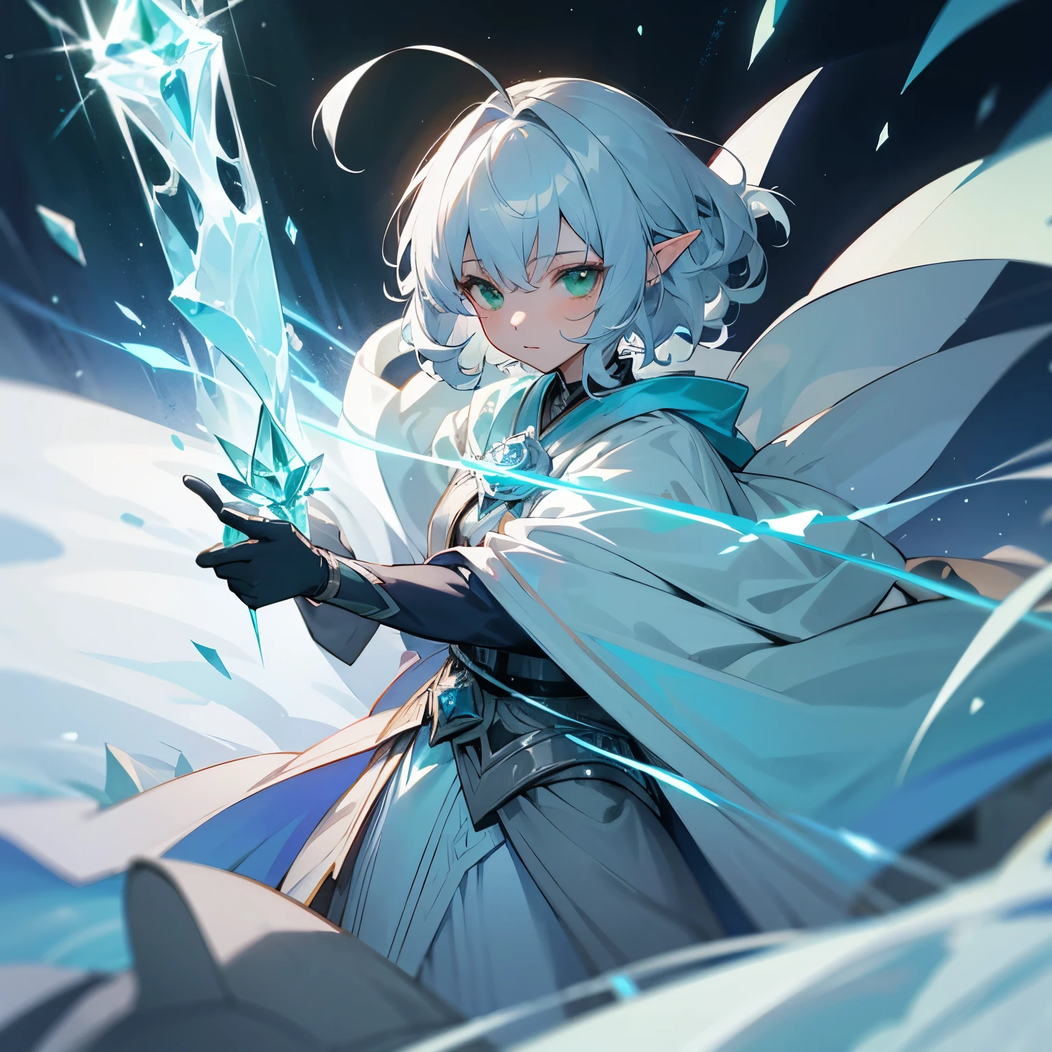 Elf, silver hair,short hair, medium cut, ahoge, curly hair,green eyes,slender, fair skin, robe, cloak, White gloves, blue effect, ice effect, triumphantly,Ice Rose ,magic,green rose,Noble soon, Epic Battle Scene, looking at viewer, 手のひらをこちらに向ける