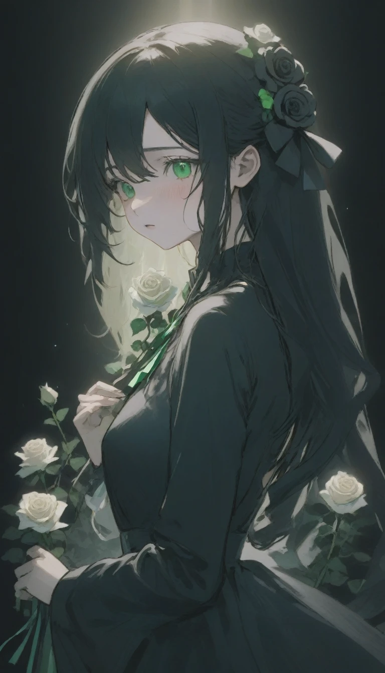 ((Tabletop, Highest quality)),Best aesthetics,One Girl, alone, Long Hair, Black Dress, flower, ribbon, Black background, Black Hair, Rose, ヘアribbon, Green Eyes, Long sleeve, White Rose, Mouth closed, 黒いribbon, Upper Body, Cinema Lighting