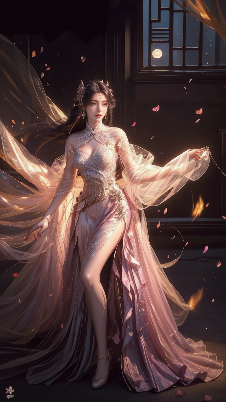 A beautiful woman with perfect curves wearing a long dress that gently flutters in the air,The beautiful woman was standing in a sea of beautiful flowers surrounding her, Chinese traditional, her flexible body increasing with every movement, So enchanting, the dim candlelight, the glowing butterflies fighting the darkness of the night, the light of the moon, The night wind blowing the curtains, the pink flower petals , flower petals flying around the room, Chinese dancing, This woman is so beautiful that she attracts everyone who watches her, ancient China, imperial empress