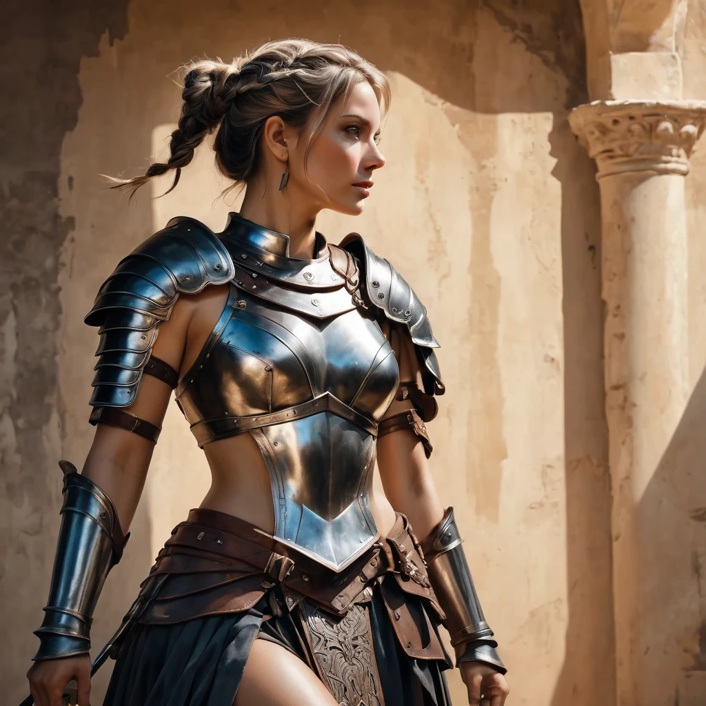 smooth lines, Express expressions and postures through ink contrast, The background is simple. emphasize light, shadow and space. ((full body):1.3), Drawing of Mature beauty. ((Detailed eye):1.3),((fresh)), wearing gladiator armor, painting, (best quality,4K,8k,high resolution,masterpiece:1.2),Super detailed,(actual,photoactual,photo-actual:1.37).