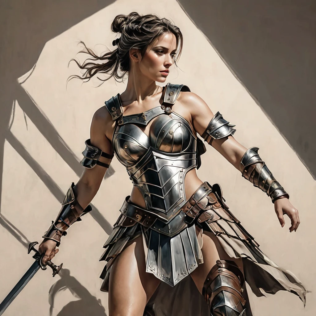 smooth lines, Express expressions and postures through ink contrast, The background is simple. emphasize light, shadow and space. ((full body):1.3), Drawing of Mature beauty. ((Detailed eye):1.3),((fresh)), wearing gladiator armor, painting, (best quality,4K,8k,high resolution,masterpiece:1.2),Super detailed,(actual,photoactual,photo-actual:1.37).