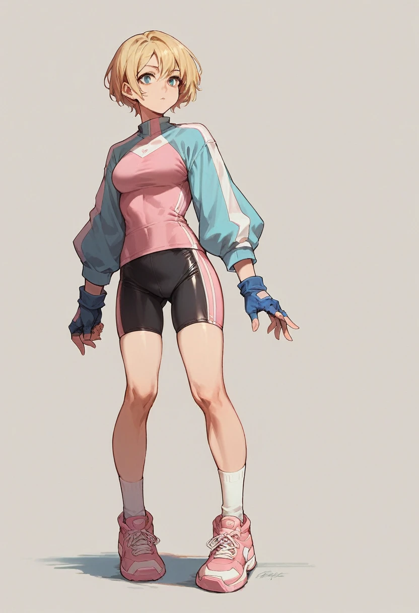 1girl, pink bike jersey, pink bike shorts, ((tight jersey)), ((long sleeves)), blonde hair, fingerless blue gloves, tight gloves, full body, gloves, short hair, shoes, socks, standing, solo
