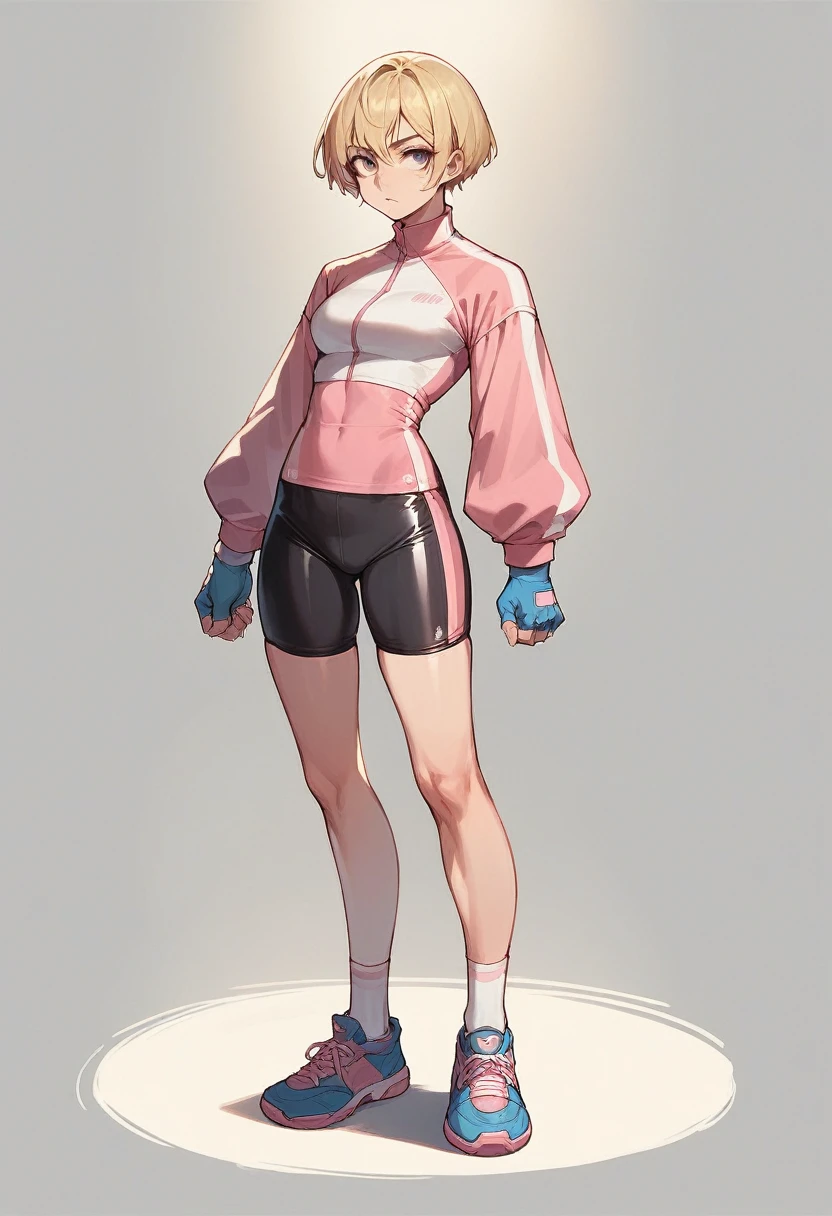 1girl, pink bike jersey, pink bike shorts, ((tight jersey)), ((long sleeves)), blonde hair, fingerless blue gloves, tight gloves, full body, gloves, short hair, shoes, socks, standing, solo
