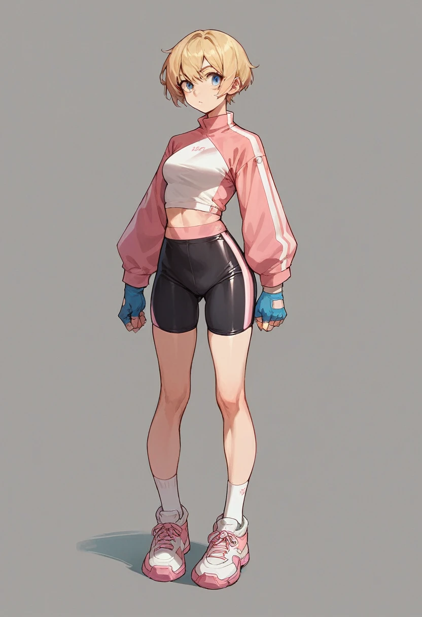 1girl, pink bike jersey, pink bike shorts, ((tight jersey)), ((long sleeves)), blonde hair, fingerless blue gloves, tight gloves, full body, gloves, short hair, shoes, socks, standing, solo