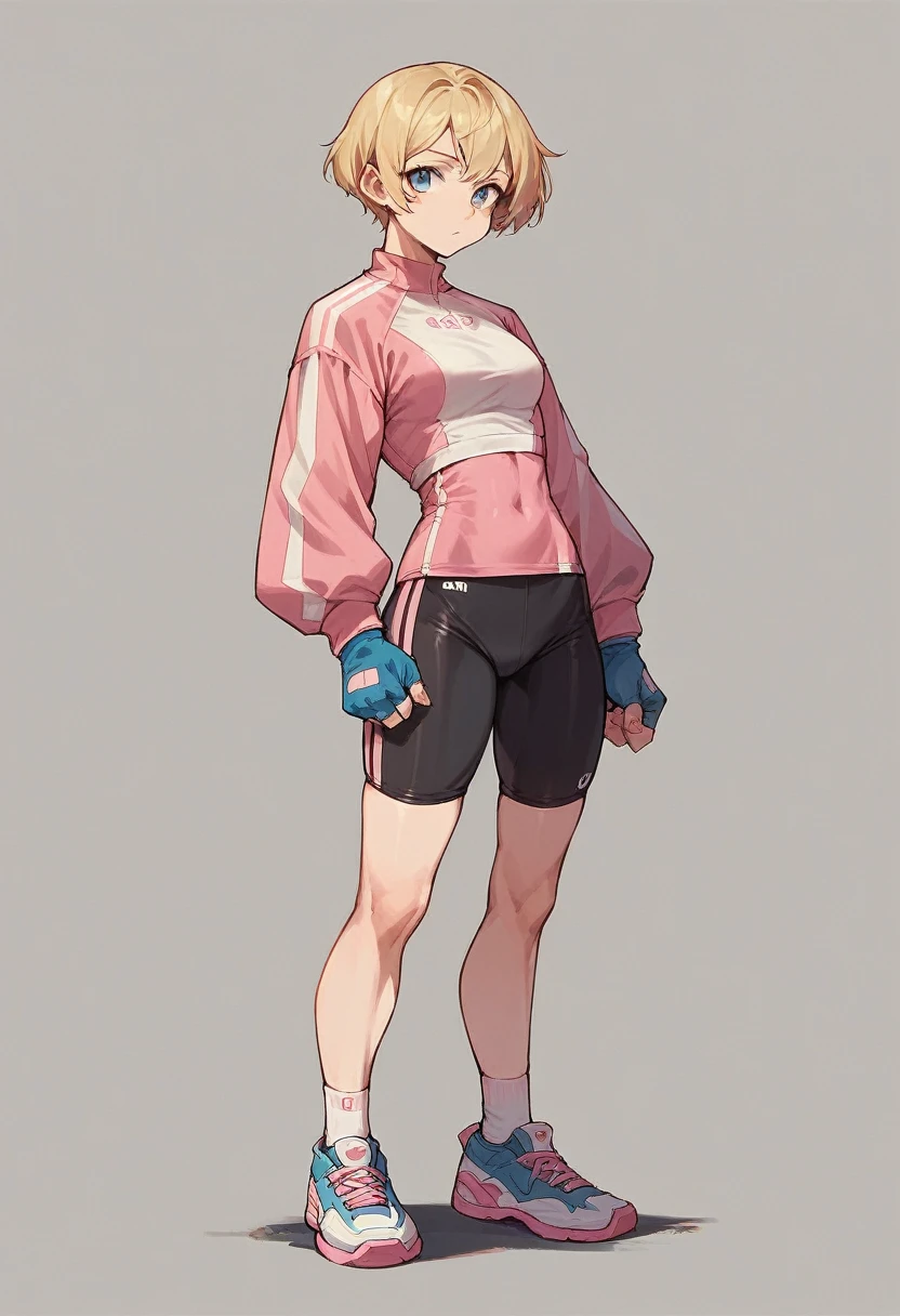 1girl, pink bike jersey, pink bike shorts, ((tight jersey)), ((long sleeves)), blonde hair, fingerless blue gloves, tight gloves, full body, gloves, short hair, shoes, socks, standing, solo
