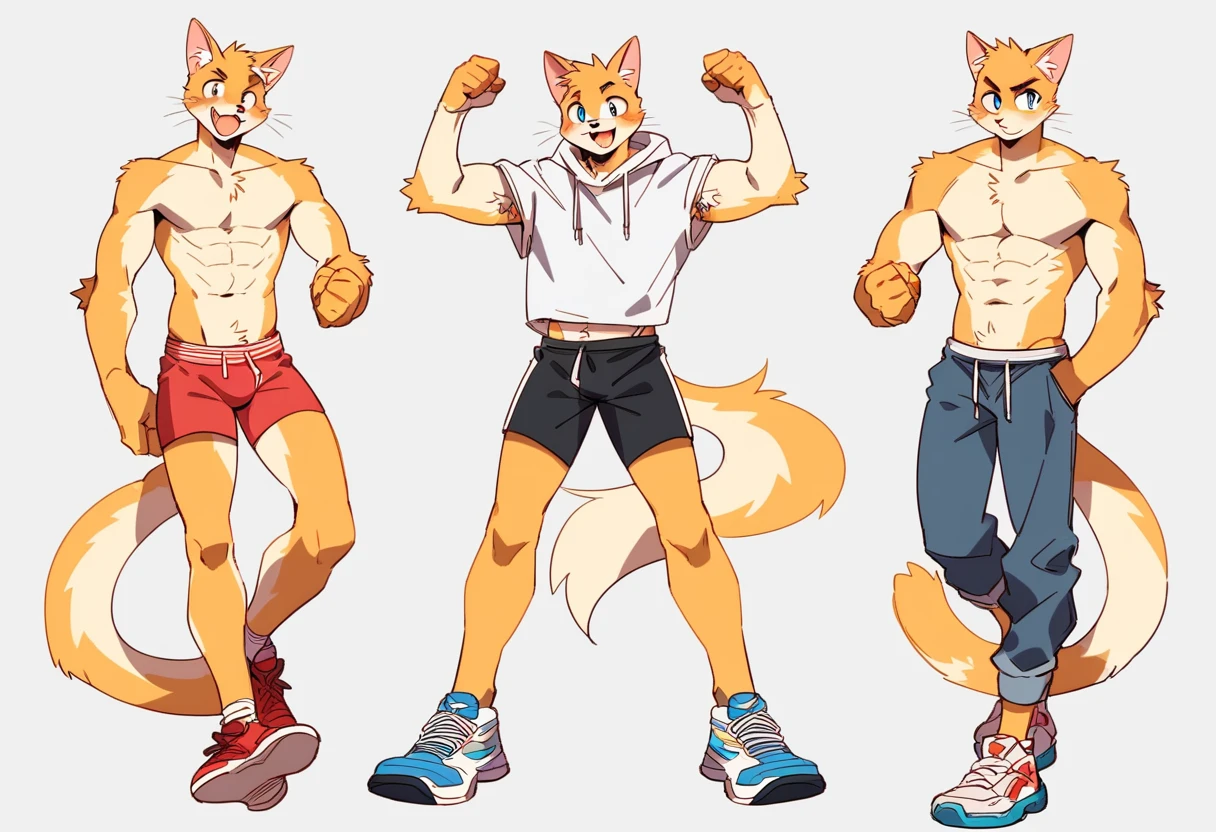 score_9, score_8_up, score_7_up, male, furry, full body, high quality, hires, anthro, teenager, 16 years old, domestic cat, yellow fur, blue eyes, handsome, excited expression, humanoid feet, shirtless, slim body, slender body, prominent v-line, prominent abs, prominent legs, prominent forearms, prominent knees, white background, treasure trail, armpit hair, furry legs, bulge, in various poses, dick, showing off his abs, casual clothes