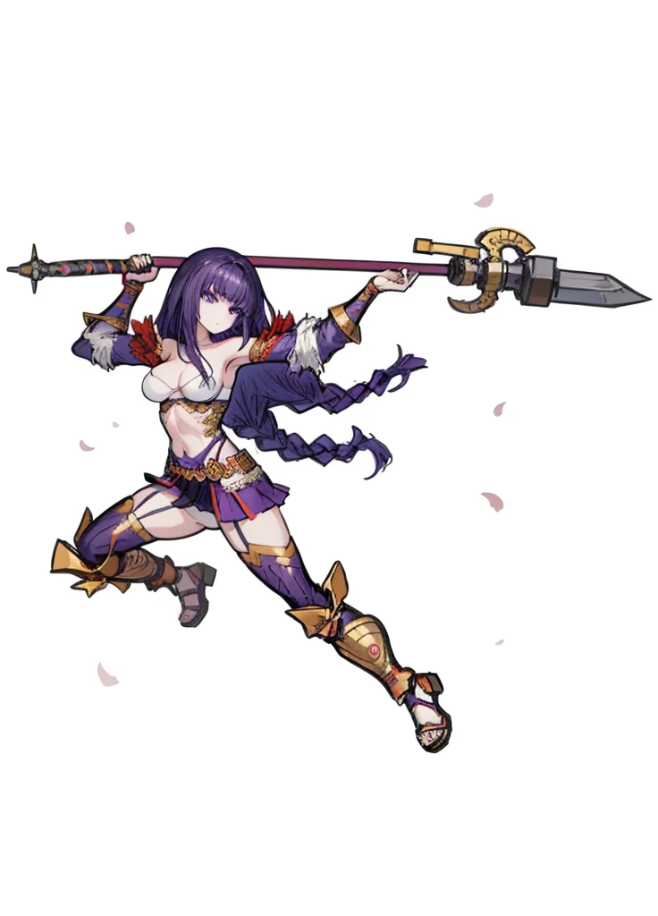 1girl, purple hair, spear, powerful warrior, nice clothes, (high resolution, high detail, best quality), medium breasts, serious, white background