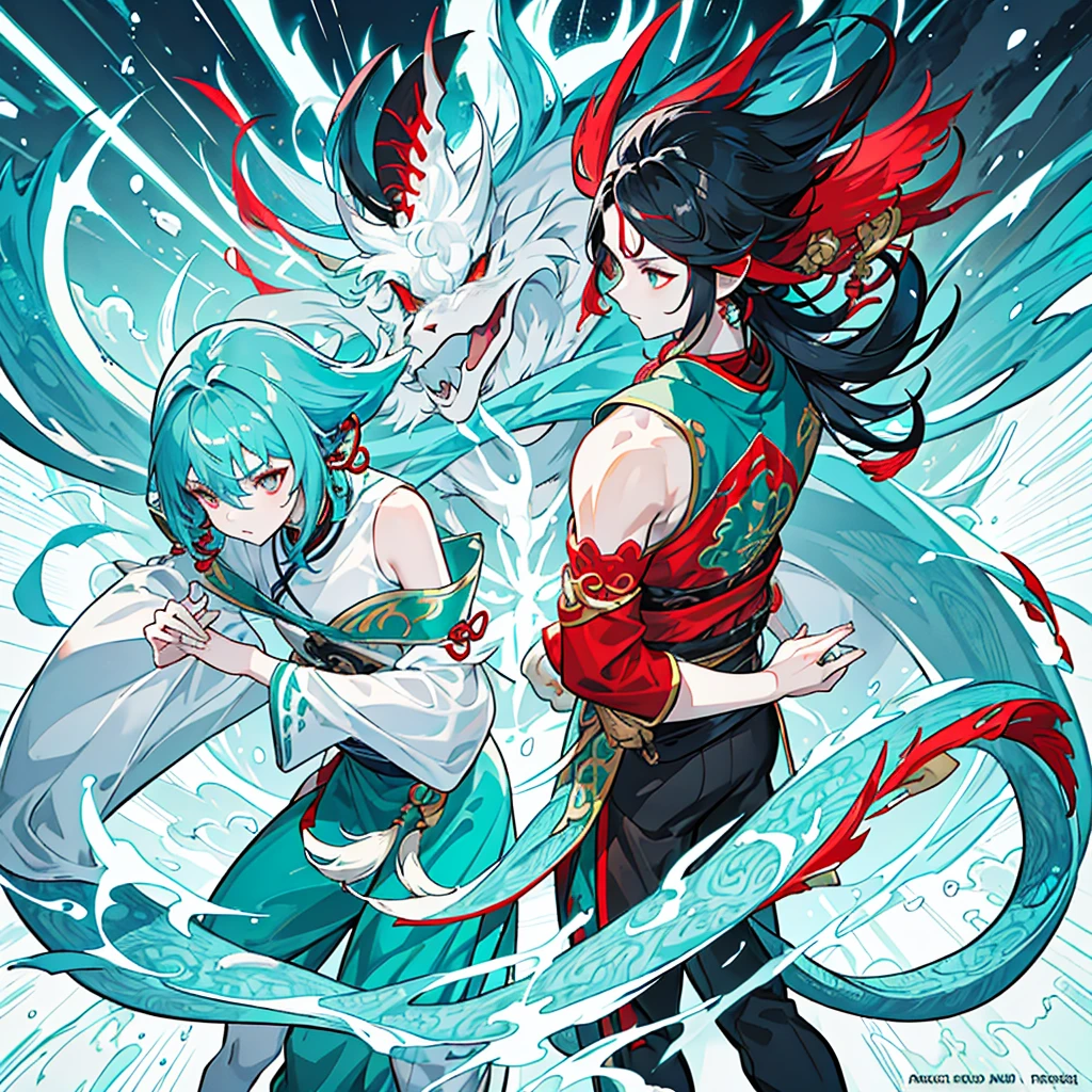 a hybrid teenage chinese dragon boy, medium and slender body, turquoise scales, thin arms, short and messy dark turquoise hair, a horn on the forehead, small and pointed ears with traditional red earrings, iridescent pale eyes, wearing white and turquoise traditional japanese style clothing with red patterns, long chinese dragon tail with turquoise patterns, profile, 1 boy character, pale skin, dark turquoise hair, Kaeya Genshin Impact, Final Fantasy XIV, attack pose, (best quality,4k,8k,highres,masterpiece:1.2),ultra-detailed,(realistic,photorealistic,photo-realistic:1.37),intricate details,hyper realistic,dramatic lighting,cinematic,digital art,illustration,fantasy,concept art

1 boy alone, Full body from head to toe 