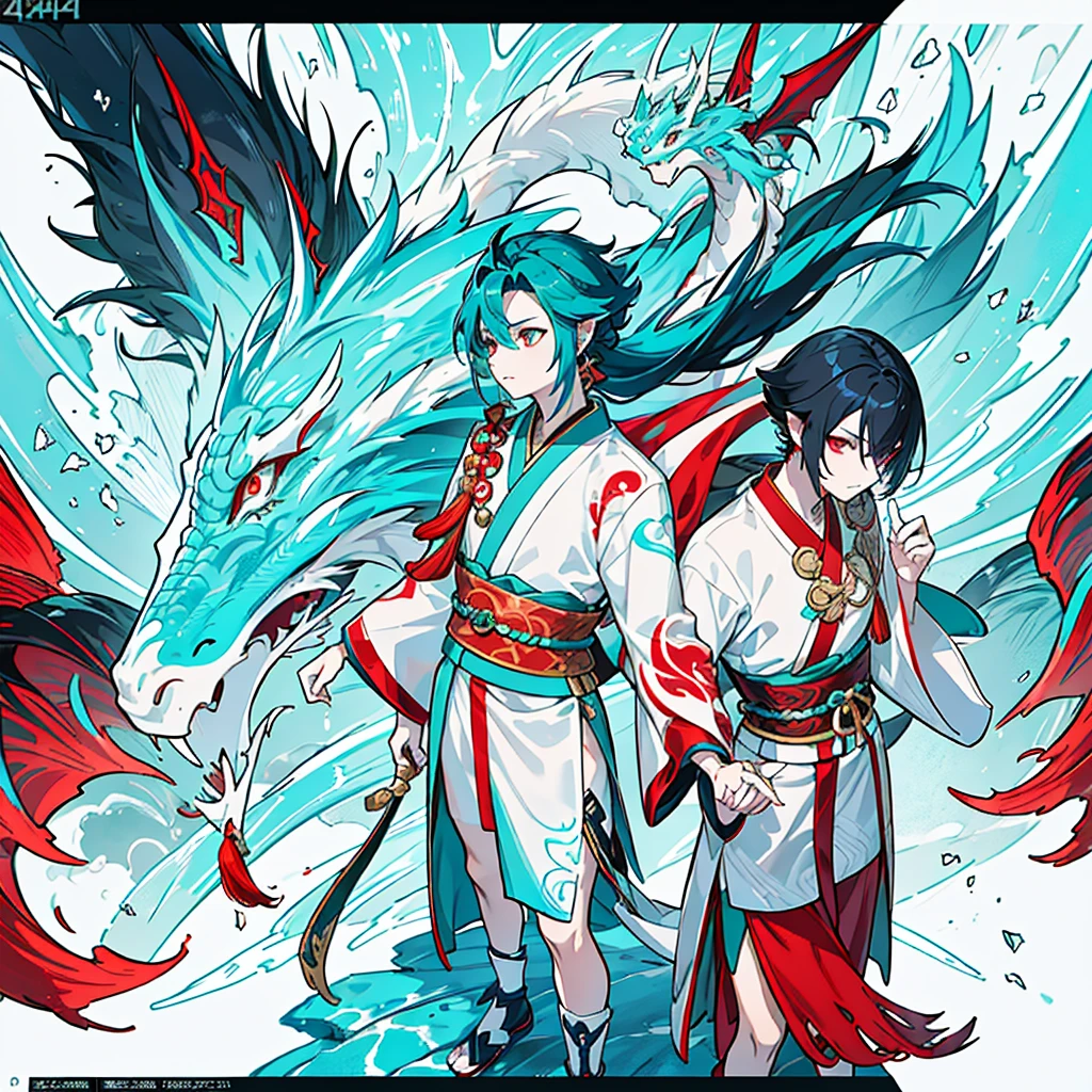 a hybrid age chinese dragon boy, medium and slender body, turquoise scales, thin arms, short and messy dark turquoise hair, a horn on the forehead, small and pointed ears with traditional red earrings, iridescent pale eyes, wearing white and turquoise traditional japanese style clothing with red patterns, long chinese dragon tail with turquoise patterns, profile, 1 boy character, pale skin, dark turquoise hair, Kaeya Genshin Impact, Final Fantasy XIV, attack pose, (best quality,4k,8k,highres,masterpiece:1.2),ultra-detailed,(realistic,photorealistic,photo-realistic:1.37),intricate details,hyper realistic,dramatic lighting,cinematic,digital art,illustration,fantasy,concept art
1 boy alone, Full body from head to toe