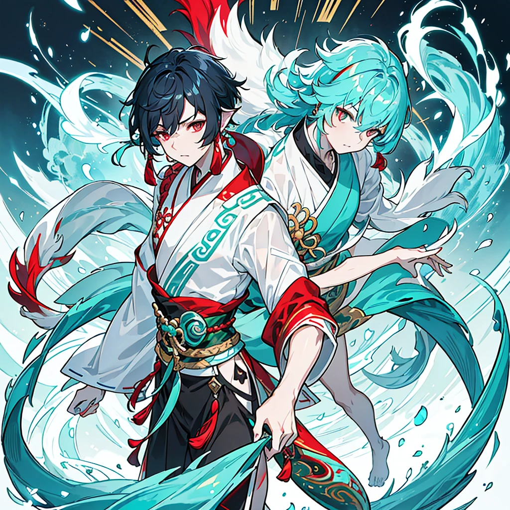 a hybrid teenage chinese dragon boy, medium and slender body, turquoise scales, thin arms, short and messy dark turquoise hair, a horn on the forehead, small and pointed ears with traditional red earrings, iridescent pale eyes, wearing white and turquoise traditional japanese style clothing with red patterns, long chinese dragon tail with turquoise patterns, profile, 1 boy character, pale skin, dark turquoise hair, Kaeya Genshin Impact, Final Fantasy XIV, attack pose, (best quality,4k,8k,highres,masterpiece:1.2),ultra-detailed,(realistic,photorealistic,photo-realistic:1.37),intricate details,hyper realistic,dramatic lighting,cinematic,digital art,illustration,fantasy,concept art
1 boy alone, Full body from head to toe