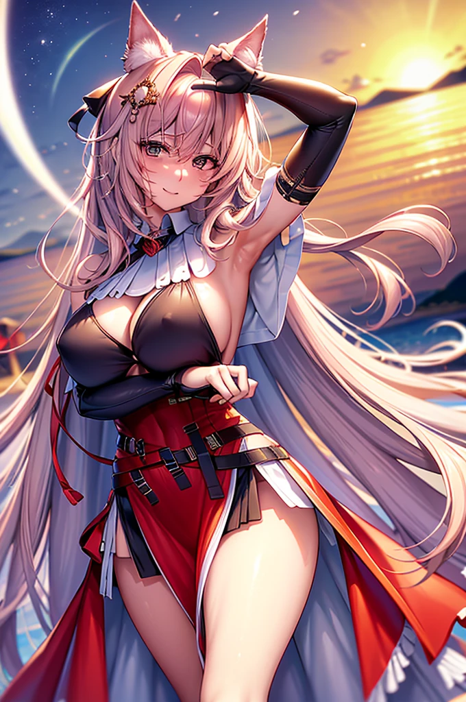 masterpiece, Highest quality:1.2),8K, 4K High Resolution, Very detailed, High-quality texture,High detail, High Quality Shadows, Beautiful and delicate down to the last detail, Beautiful and delicate eyes、One Woman, alone、Very large breasts、Very large breasts、Her legs are so thick that her breasts are so big、Are standing、Composition from the front、look forward to、Stand up straight,Looking into the camera、Draw a face、Written boundary depth、smile、Raise your arms、Show your armpits