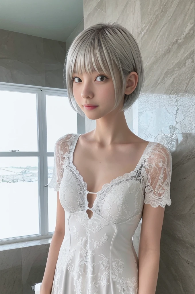 1 Japanese girl, , incredibly ultra cute, neat and clean, happy smile, detailed charming eyes, detailed face, (laced onepiece, ultra slender, incredibly white and beautiful skin, short silver hair:1.75), (best quality,4k,8k,highres,masterpiece:1.5),ultra-detailed,(realistic,photorealistic,photo-realistic:1.37),highly detailed,intricate details,vibrant colors,soft lighting,beautiful scenery,delicate features,cute expression,elegant pose,in a bathroom