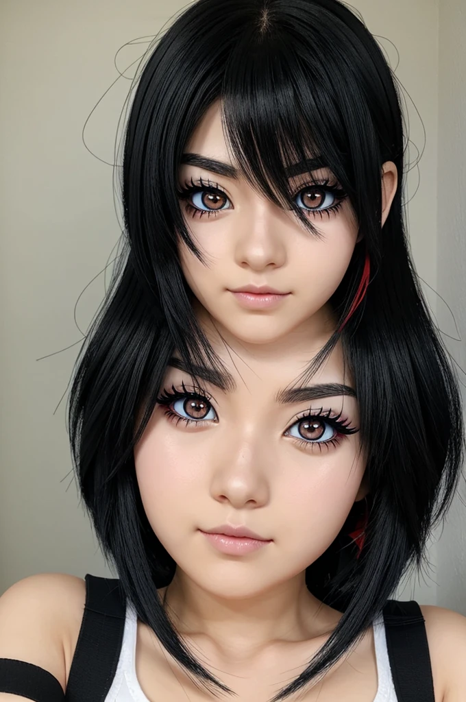 My Hero Academia style anime girl with black hair with red eyes and long eyelashes 
