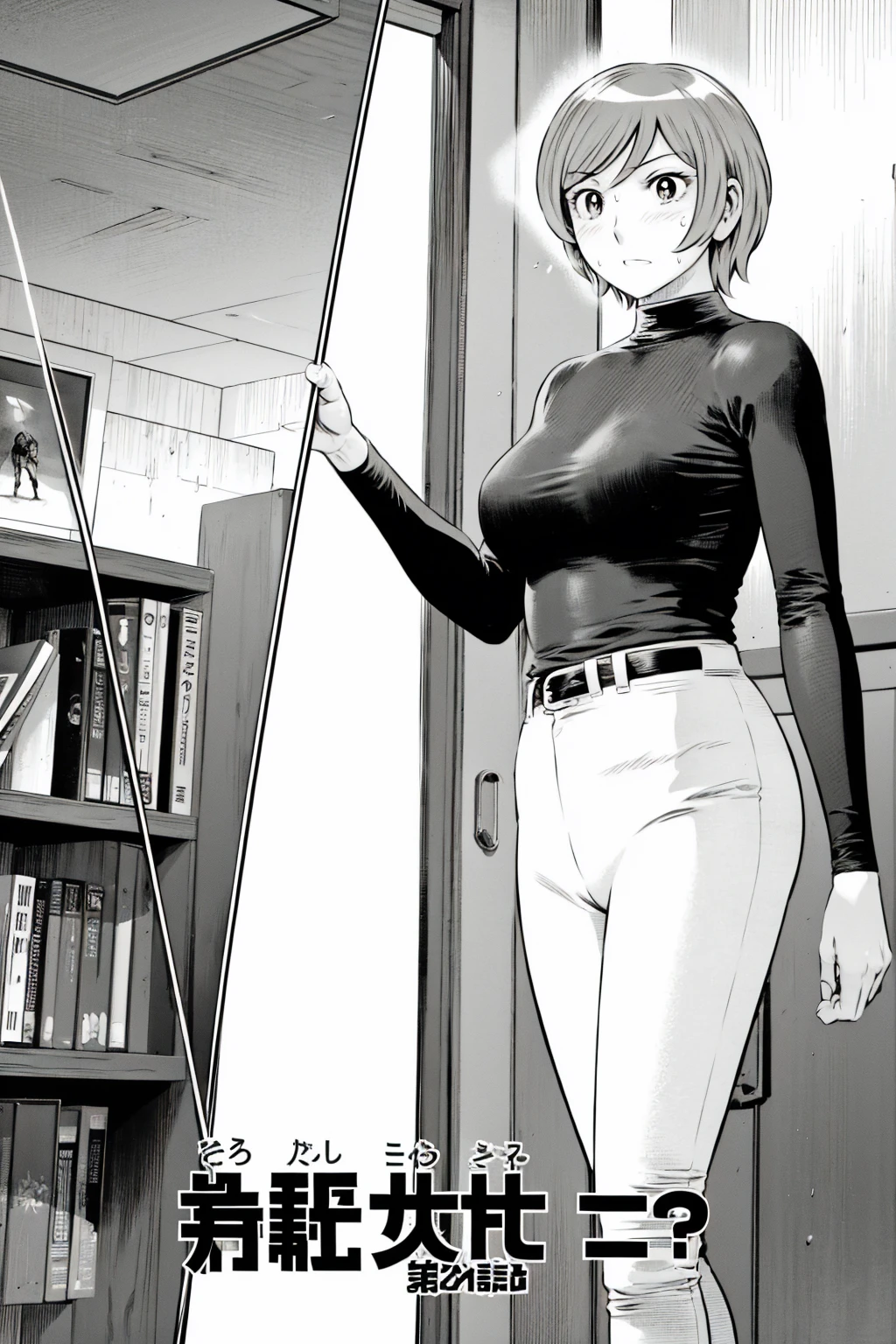 、(masterpiece、Highest quality)、Highest quality, Ultra-high resolution, (((masterpiece))), alone, Sweat、Big eyes,Tight black shirt、Tight white pants、belt、indoor、Composition from the front、（後ろCut your hair short、short hair、blonde、woman）、Shortcuts、Embarrassed face、Cut your hair short、可愛いwomanの子、Big Breasts、office