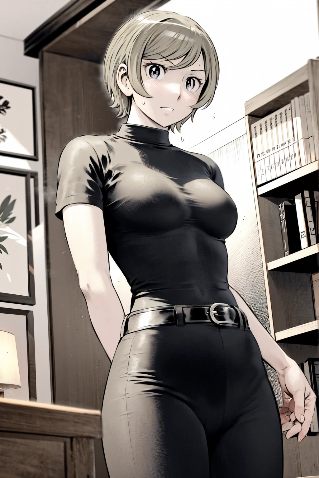 、(masterpiece、Highest quality)、Highest quality, Ultra-high resolution, (((masterpiece))), alone, Sweat、Big eyes,Tight black shirt、Tight white pants、belt、indoor、Composition from the front、(Cut the back hair short、short hair、blonde、woman)、Shortcuts、Embarrassed face、Cut your hair short、可愛いwomanの子、Big Breasts、office