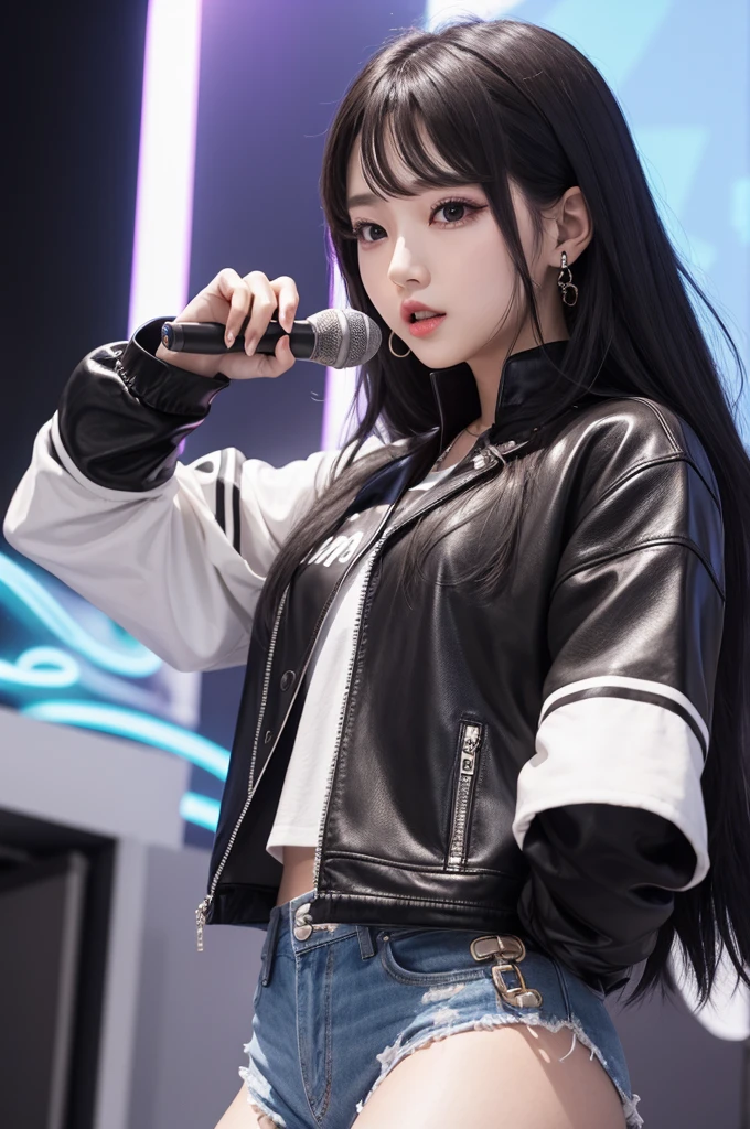 A realistic image of a ager with straight black hair, not so big, singing with a microphone at the concert.