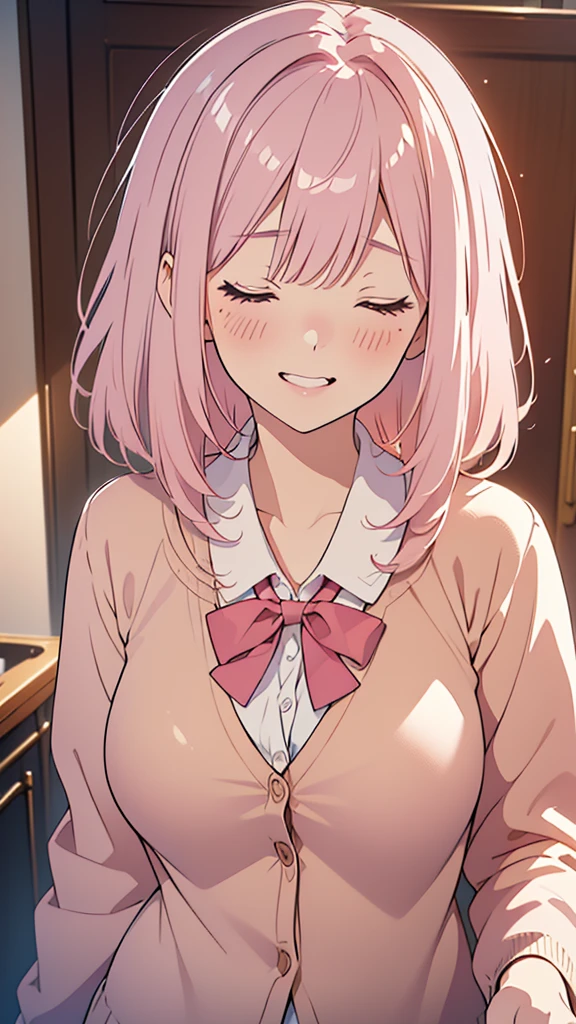 8k,(High quality:1.4),(best quality:1.4),(masterpiece:1.4),(huge breasts:1.1),(beautiful face:1.3),(beautiful woman:1.3),(pale pink hair:1.4),medium hair,a mole around the mouth,(enjoy:1.6),(closed eyes:1),(burst into laughter:1.4), (squinting:1.2)(school uniform:1.1),(beige cardigan:1.2),(close-up:1.2),a red bow tie,(leaning forward:1.2)