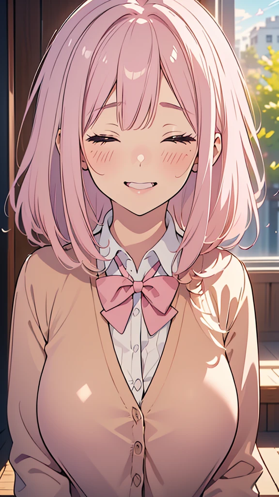 8k,(High quality:1.4),(best quality:1.4),(masterpiece:1.4),(huge breasts:1.1),(beautiful face:1.3),(beautiful woman:1.3),(pale pink hair:1.4),medium hair,a mole around the mouth,(enjoy:1.6),(closed eyes:1),(burst into laughter:1.4), (squinting:1.2)(school uniform:1.1),(beige cardigan:1.2),(close-up:1.2),a red bow tie,(leaning forward:1.2)