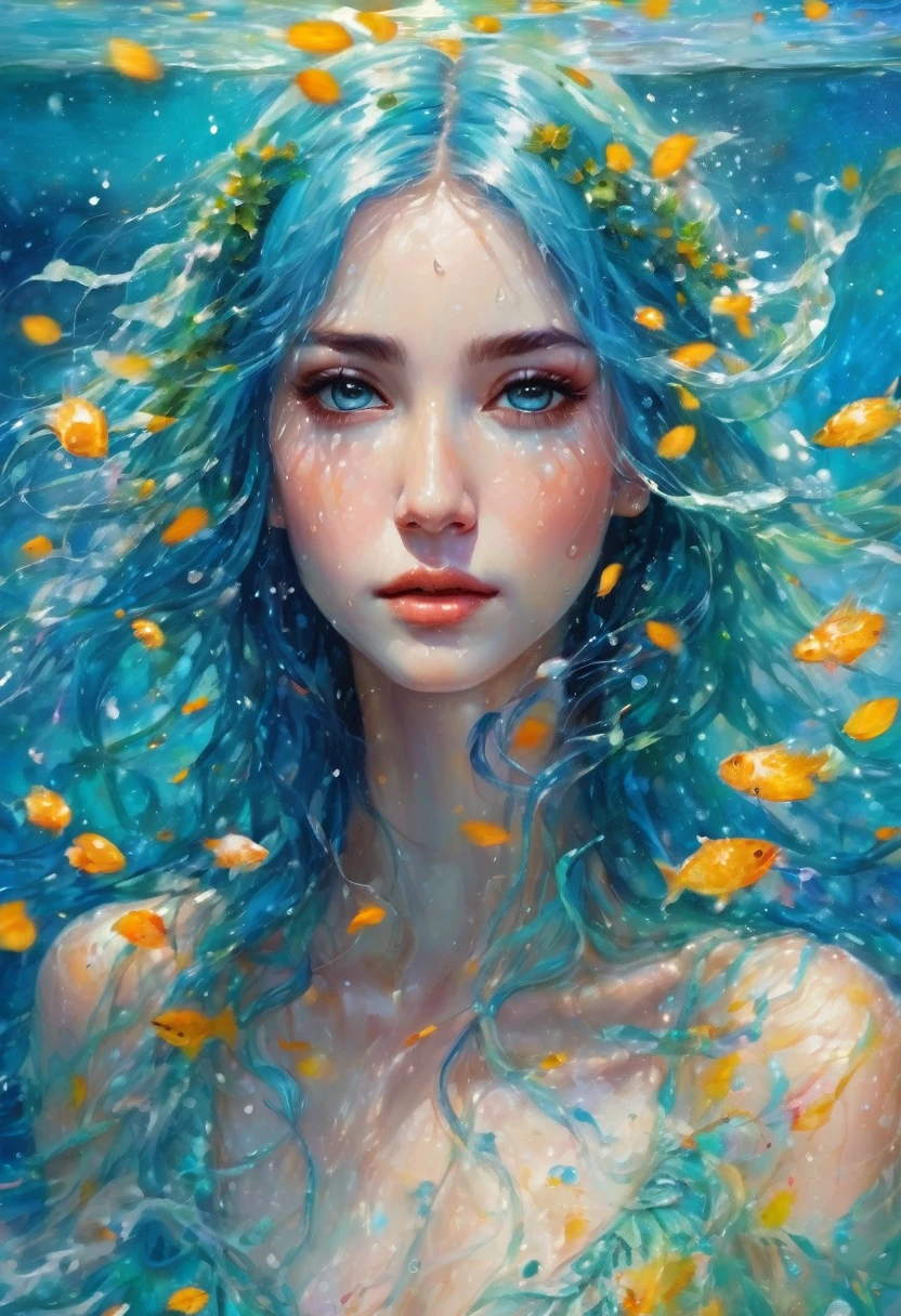 ultra highly detailed, action painting, spring, falling petals ,32k, , oil painting, watercolor, close up fantasy well-dressed ethereal spirit , innocent looking young woman, luminous skin, skin scales, blue hair, , unusual appearance, delicate face the sea, waves, freckles , glittering, turquoise glowing eyes, , water drops, highly detailed, intricated, intricated pose, thick strokes, liquid, melting, , masterpiece, high quality