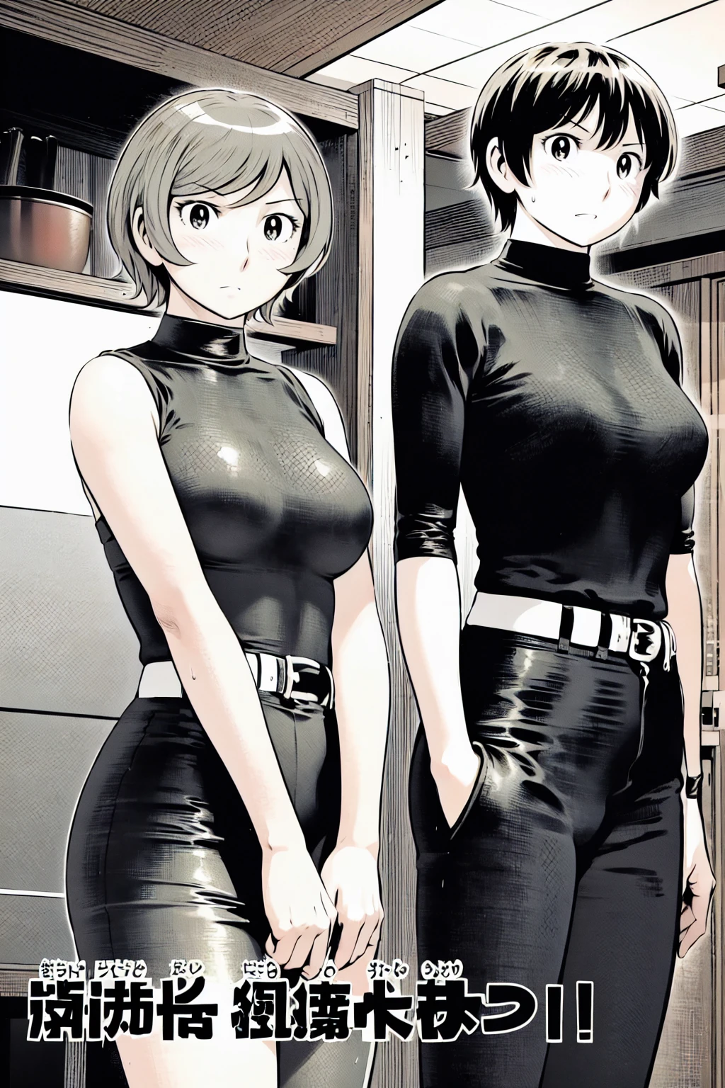 、(masterpiece、Highest quality)、Highest quality, Ultra-high resolution, (((masterpiece))), alone, Sweat、Big eyes,Tight black shirt、Tight white pants、belt、indoor、Composition from the front、(Cut the back hair short、short hair、blonde、woman)、Shortcuts、Embarrassed face、Cut your hair short、可愛いwomanの子、Big Breasts、Inside the room、Full Color、Baseball uniform