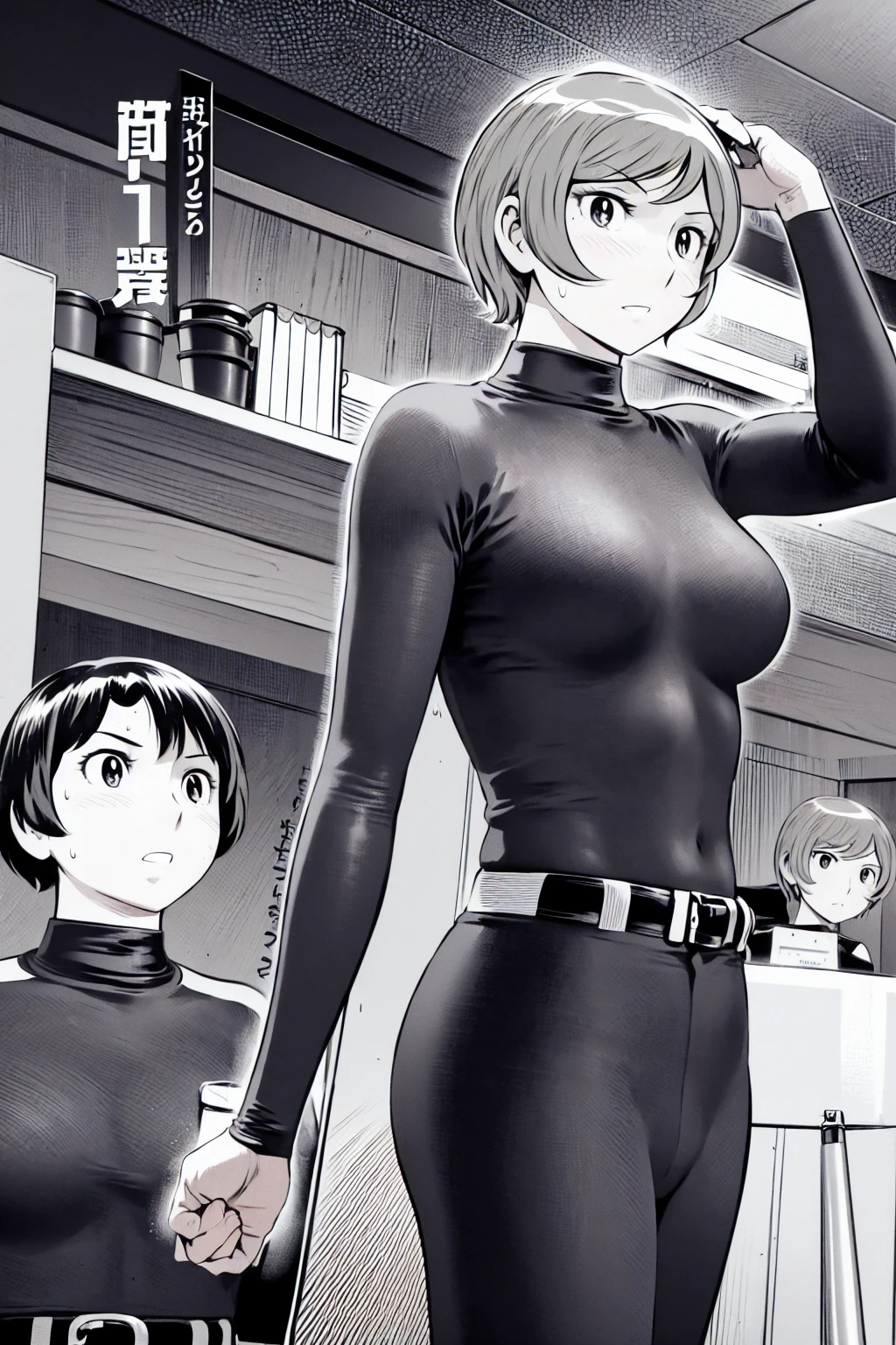 、(masterpiece、Highest quality)、Highest quality, Ultra-high resolution, (((masterpiece))), alone, Sweat、Big eyes,Tight black shirt、Tight white pants、belt、indoor、Composition from the front、(Cut the back hair short、short hair、blonde、woman)、Shortcuts、Embarrassed face、Cut your hair short、可愛いwomanの子、Big Breasts、Inside the room、Full Color、Baseball uniform