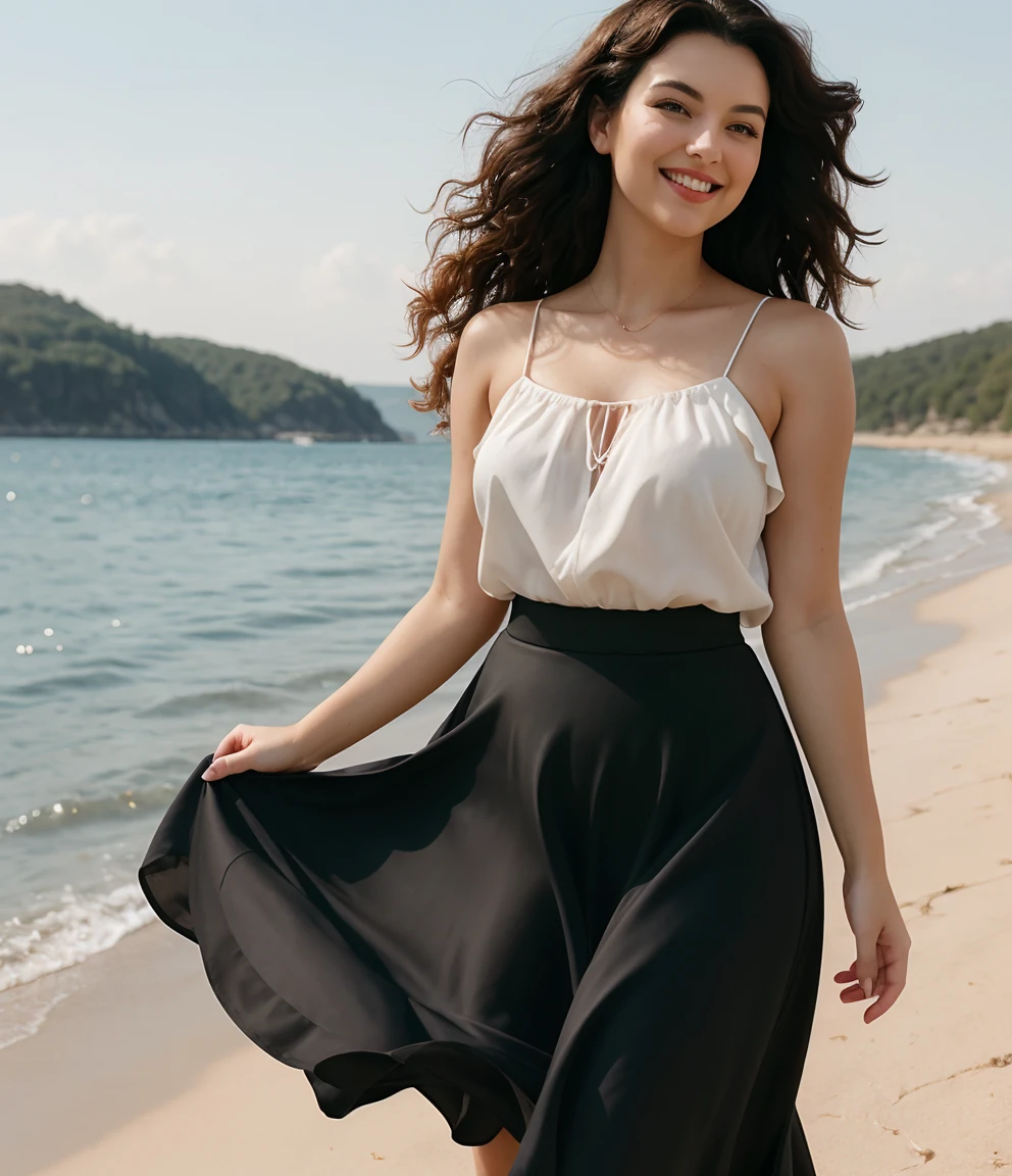 Photo of a dark-haired woman with wind-blown curls, their hair is intertwined, like a flame in the evening sky., radiates unbridled beauty, big , wearing a summer skirt, big smile on her face